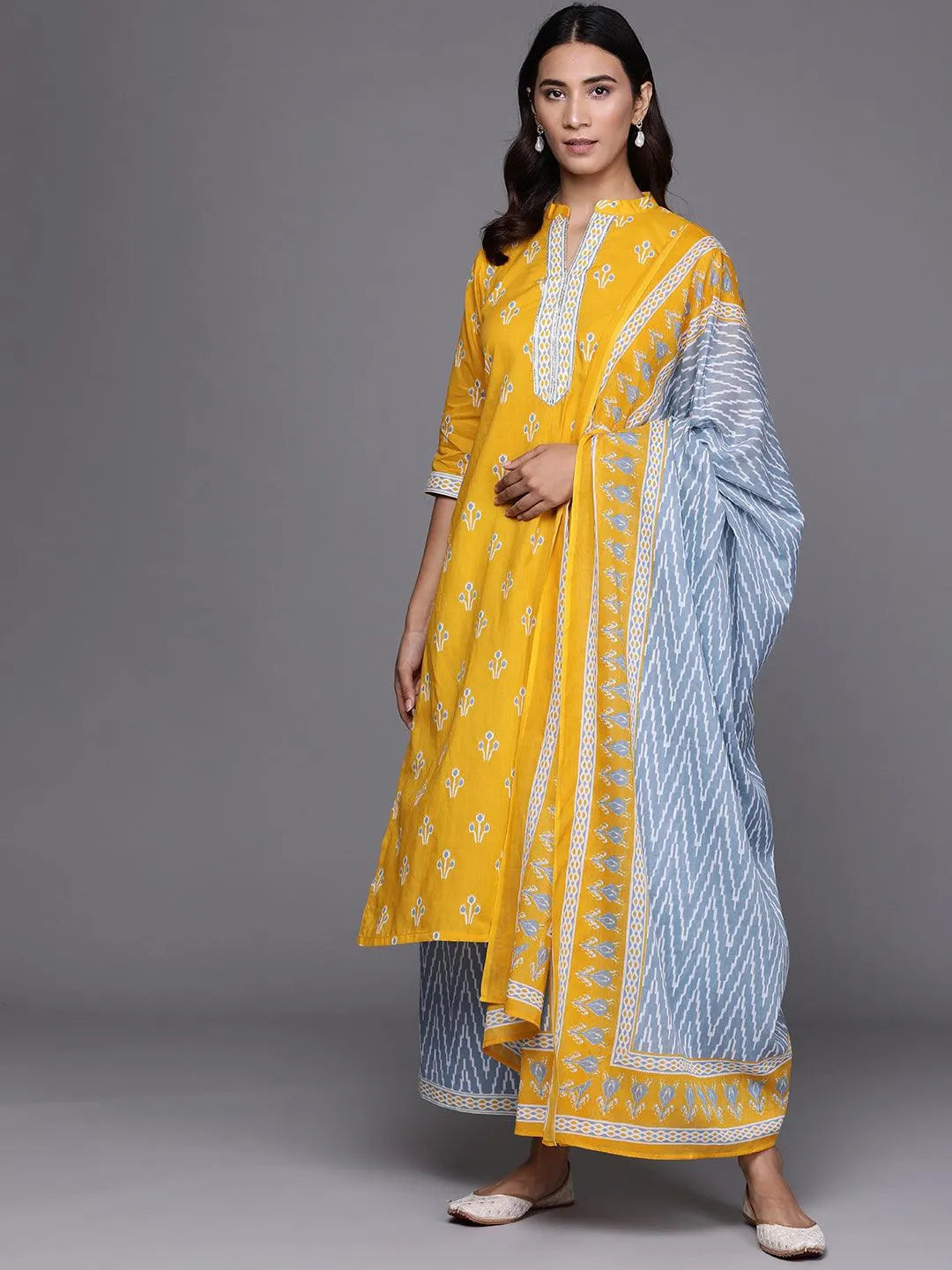 Yellow Printed Cotton Suit Set - Jashvi