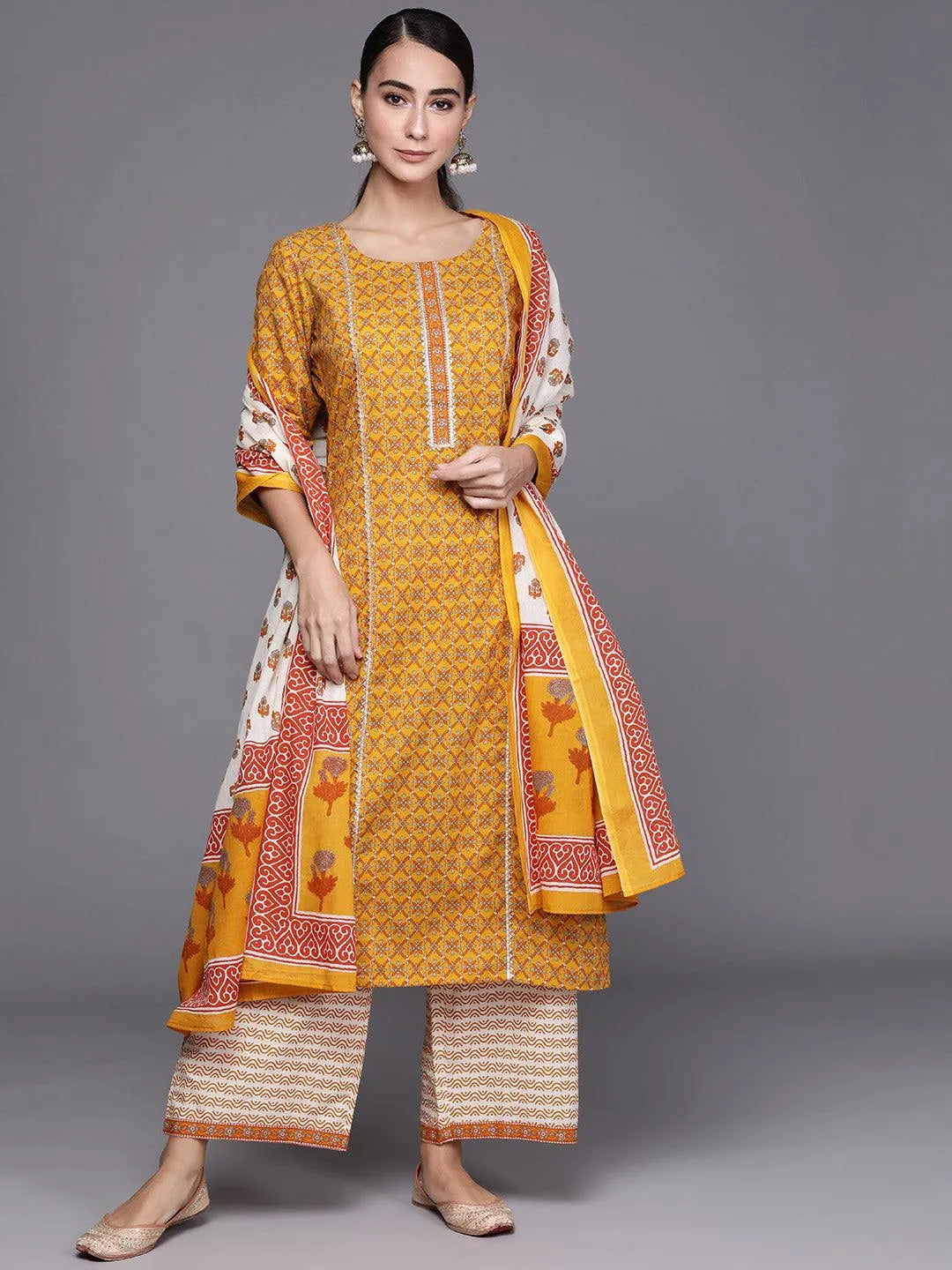 Yellow Printed Cotton Suit Set - Jashvi