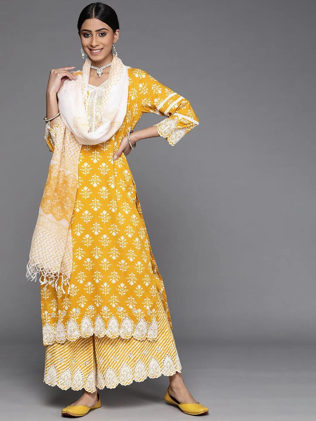 Yellow Printed Cotton Suit Set - Jashvi