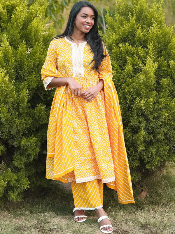 Yellow Printed Cotton Suit Set - Jashvi