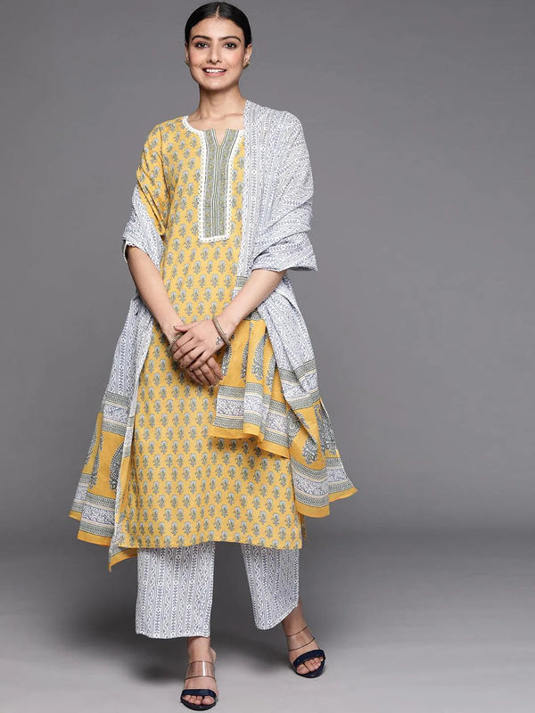 Yellow Printed Cotton Suit Set - Jashvi