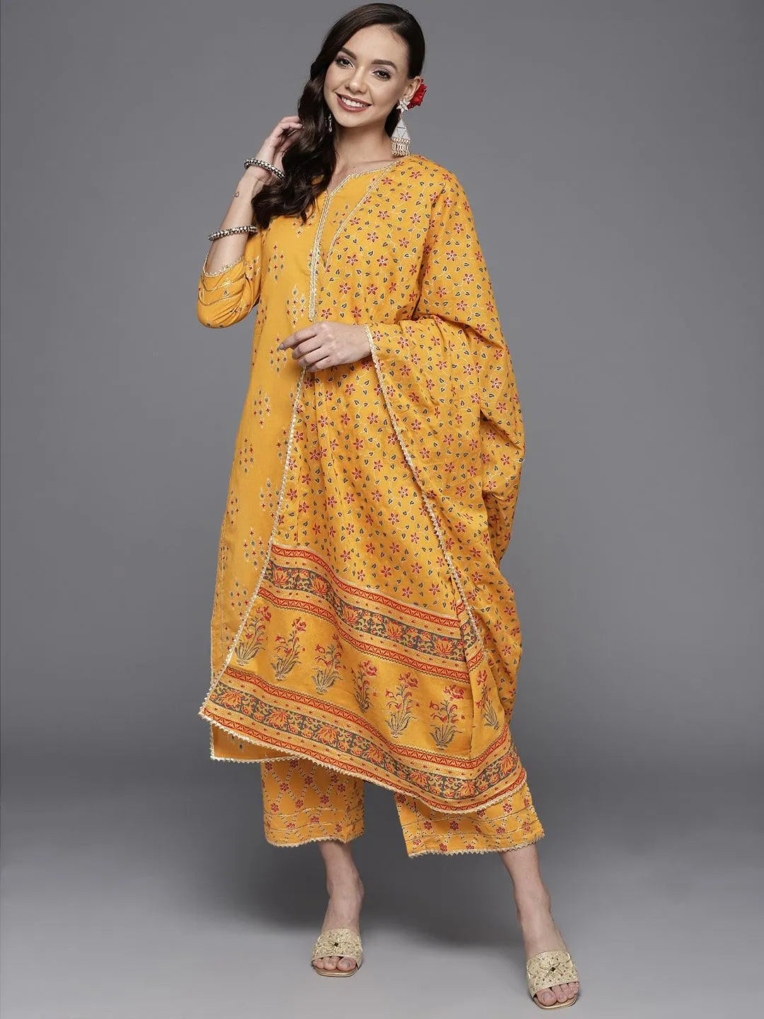 Yellow Printed Cotton Straight Suit Set - Jashvi