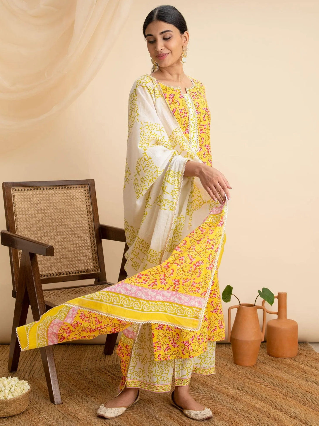 Yellow Printed Cotton Suit Set - Jashvi