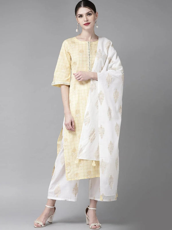 Yellow Printed Cotton Straight Kurta With Palazzos & Stole - Jashvi