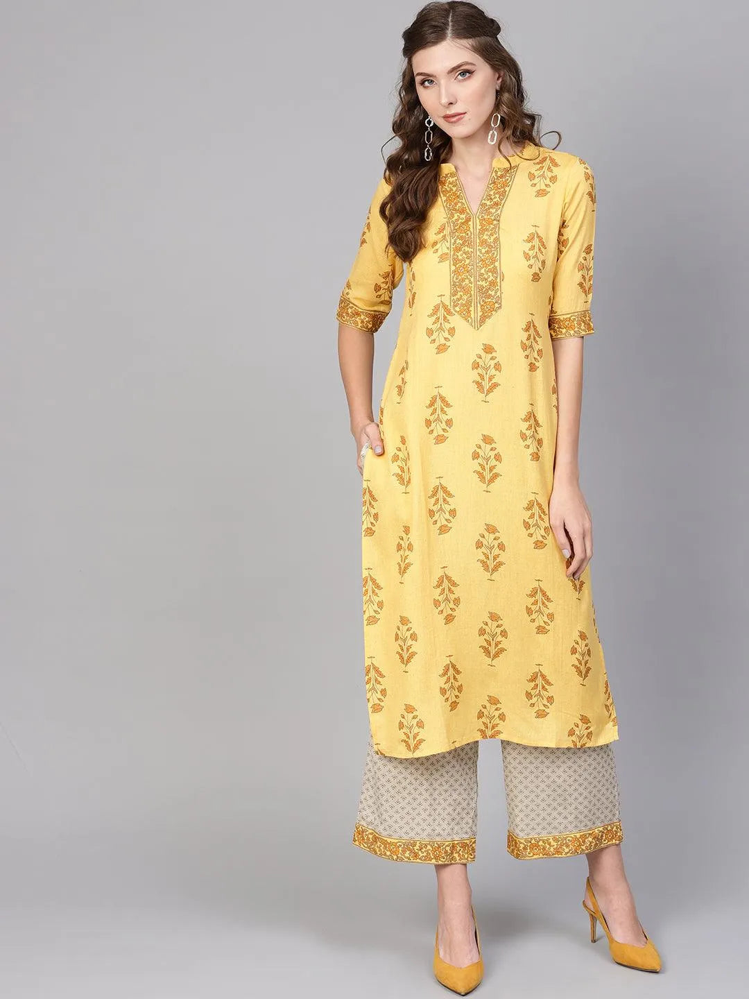 Yellow Printed Cotton Kurta Set - Jashvi