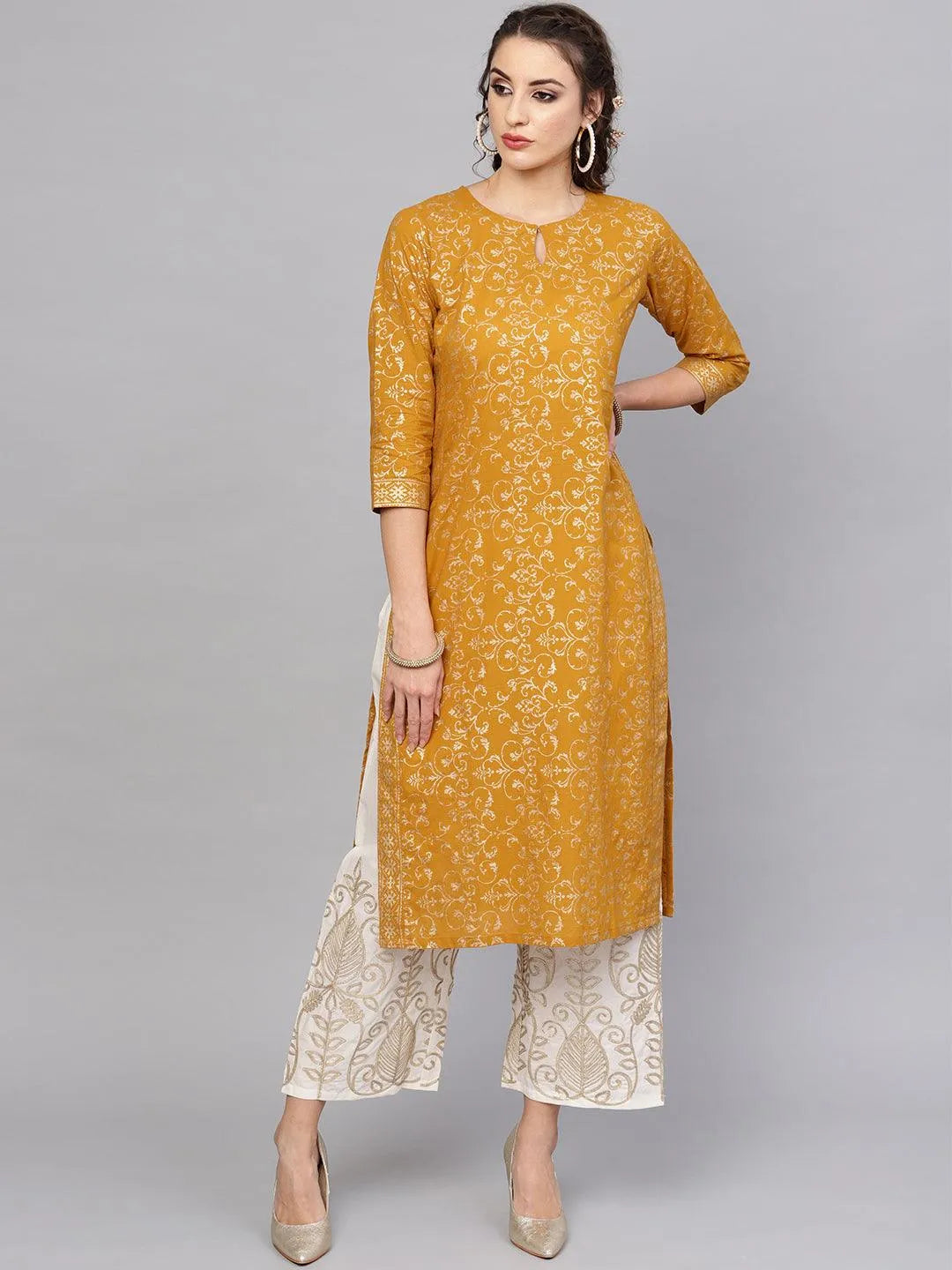 Yellow Printed Cotton Kurta Set - Jashvi