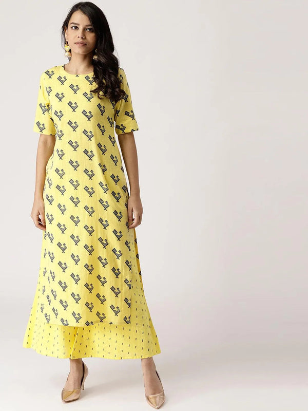 Yellow Printed Cotton Kurta Set - Jashvi