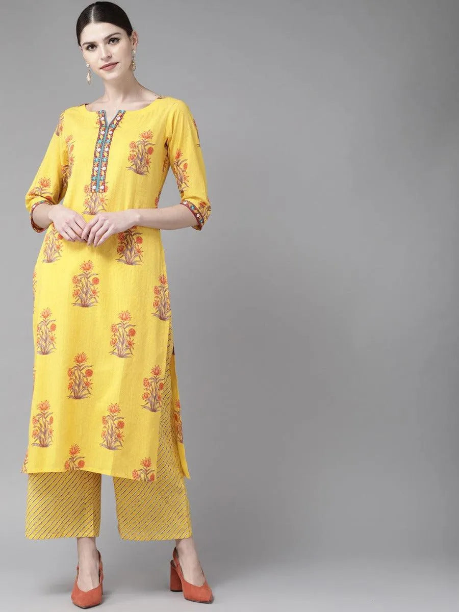 Yellow Printed Cotton Kurta Set - Jashvi