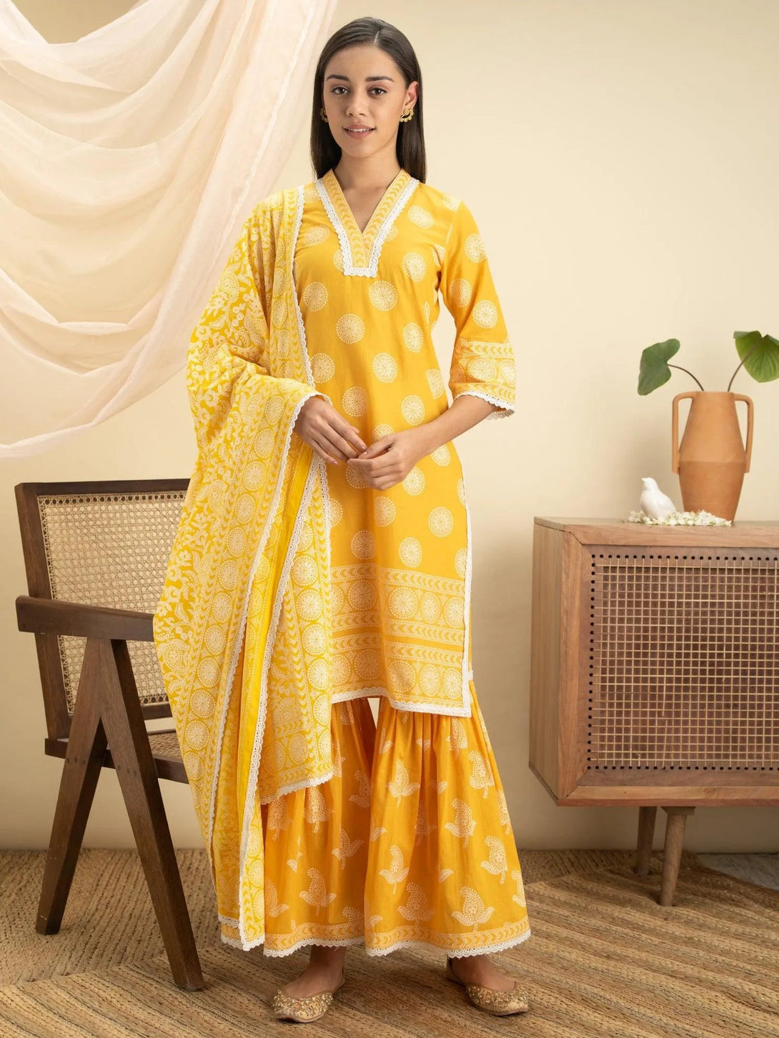 Yellow Printed Cotton Suit Set - Jashvi