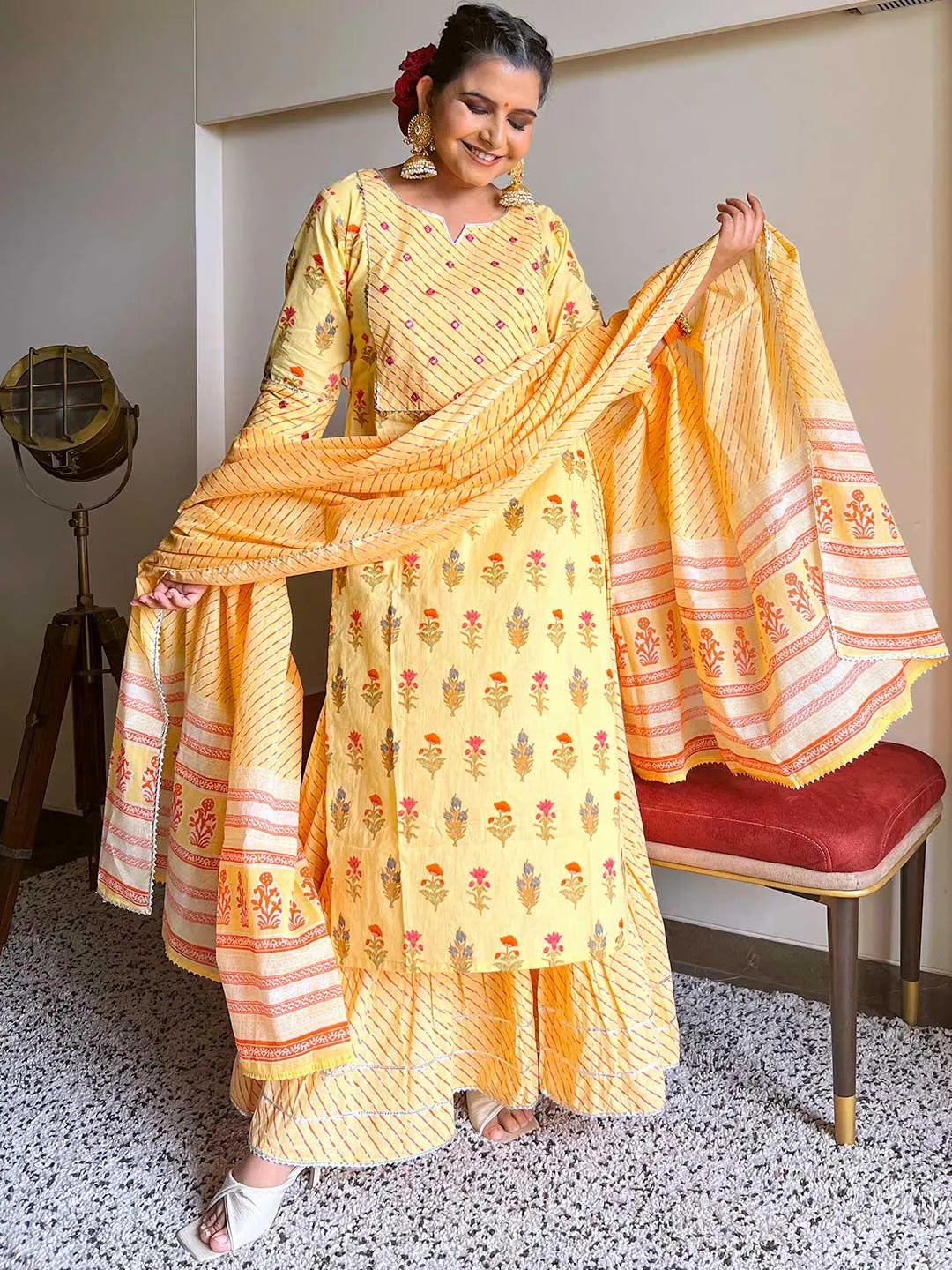 Yellow Printed Cotton Suit Set - Jashvi