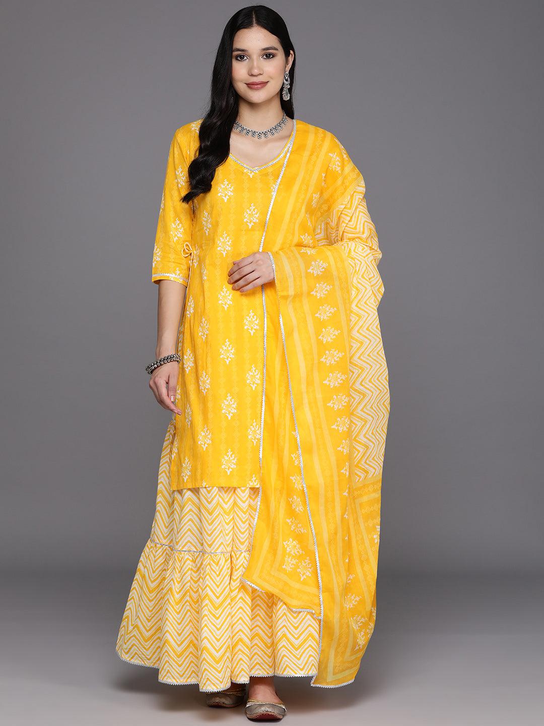 Yellow Printed Cotton Straight Suit Set With Skirt - Jashvi