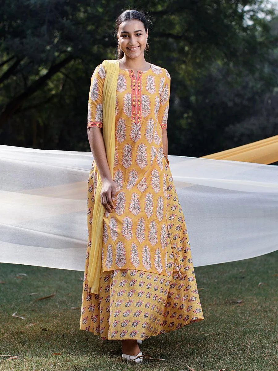 Yellow Printed Cotton Suit Set - Jashvi