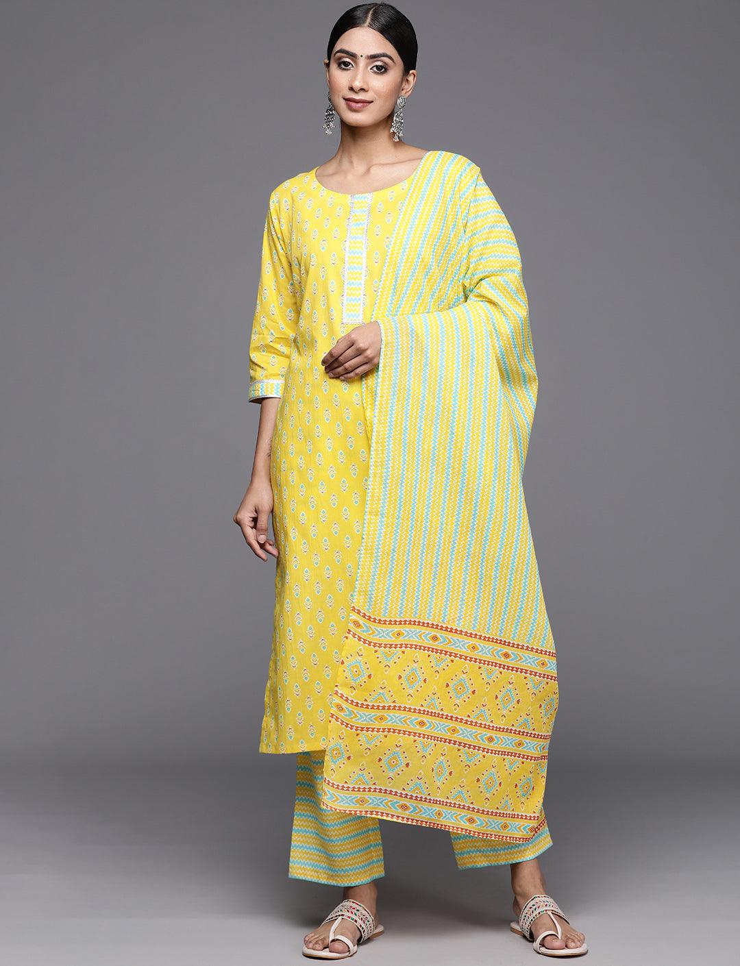 Yellow Printed Cotton Straight Kurta With Trousers & Dupatta - Jashvi