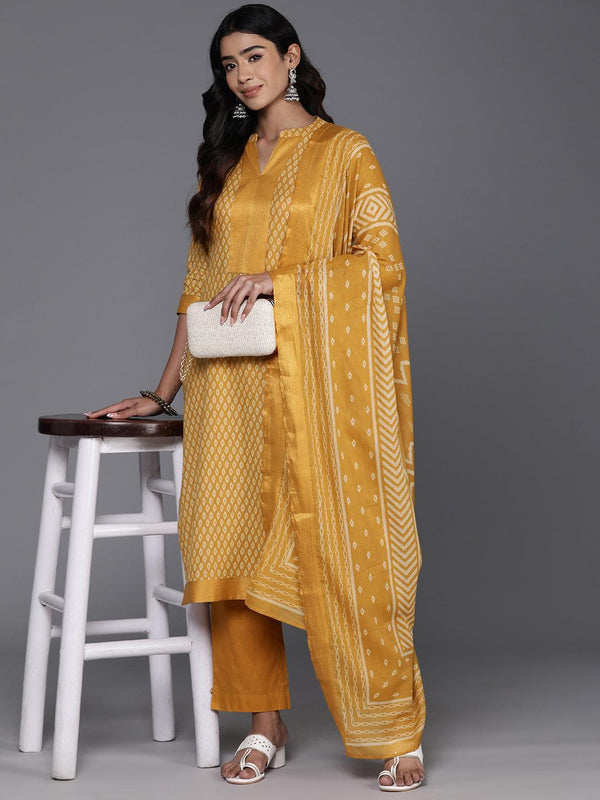 Yellow Printed Cotton Straight Kurta With Trousers & Dupatta - Jashvi