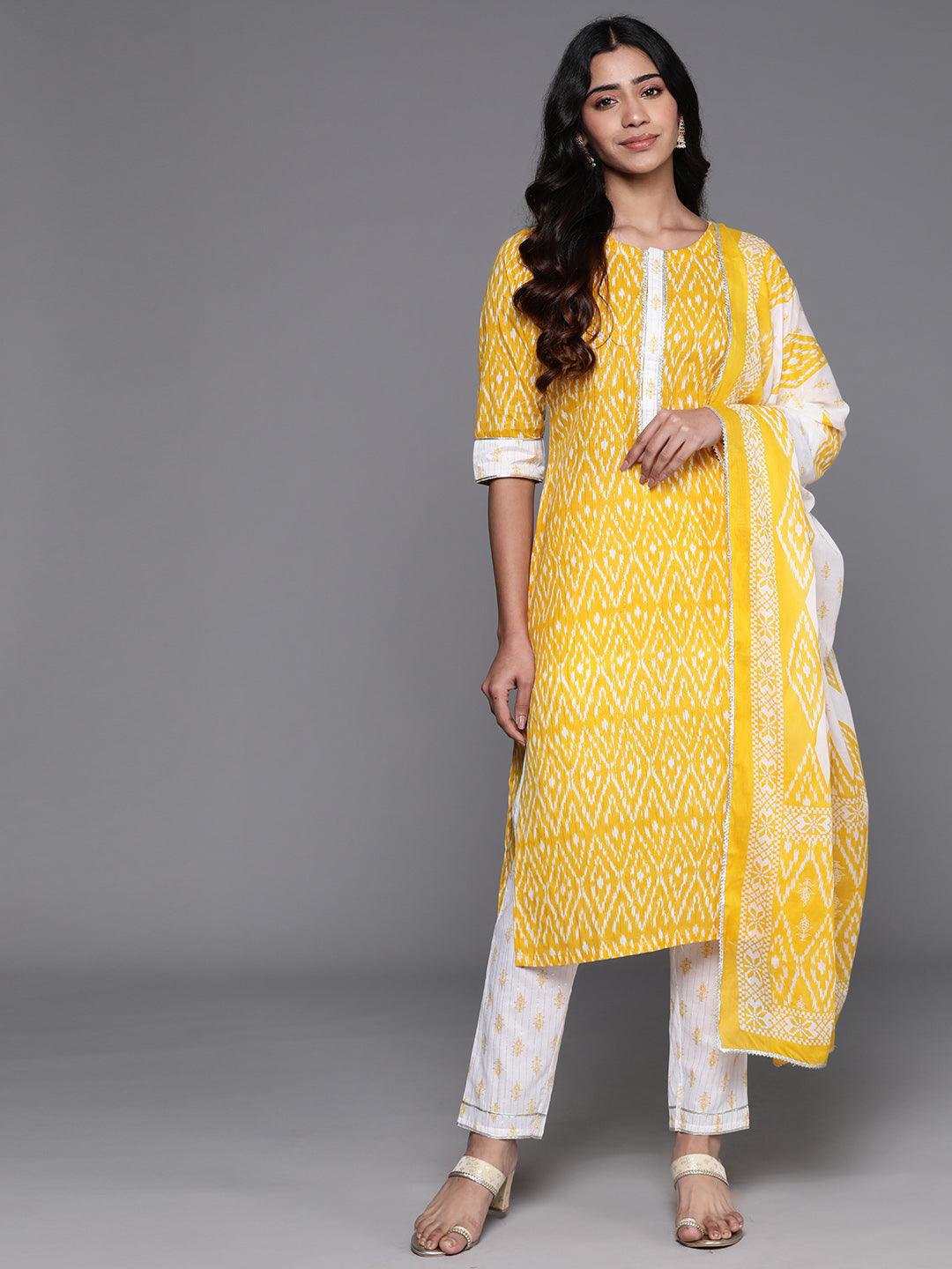 Yellow Printed Cotton Straight Kurta With Trousers & Dupatta - Jashvi