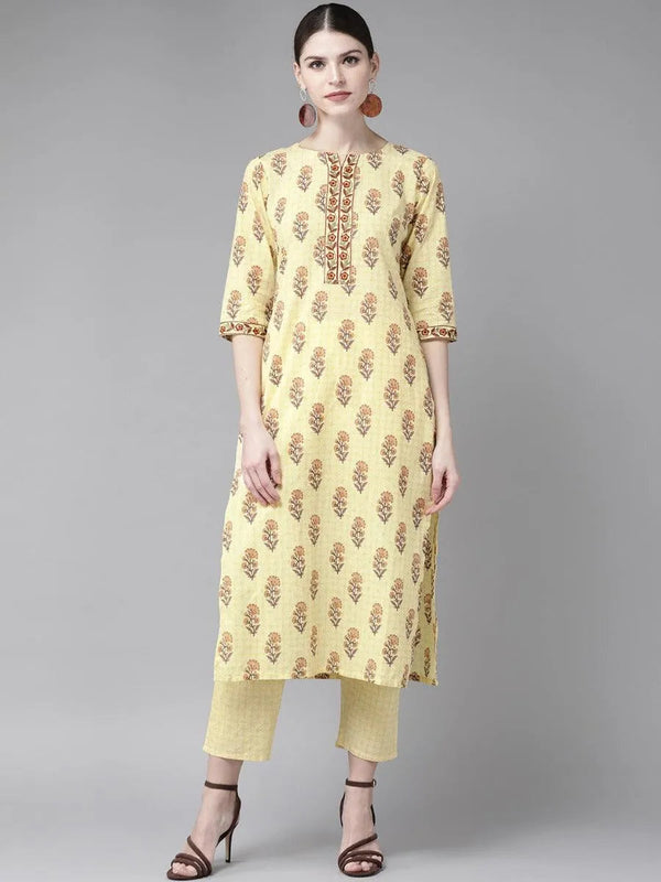 Yellow Printed Cotton Kurta Set - Jashvi