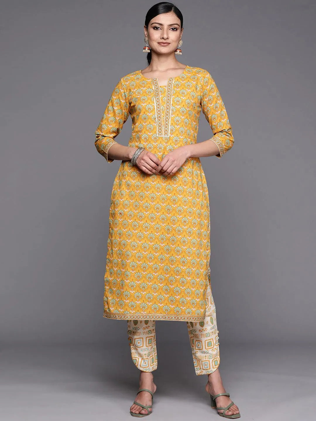 Yellow Printed Cotton Straight Kurta Set With Trousers - Jashvi