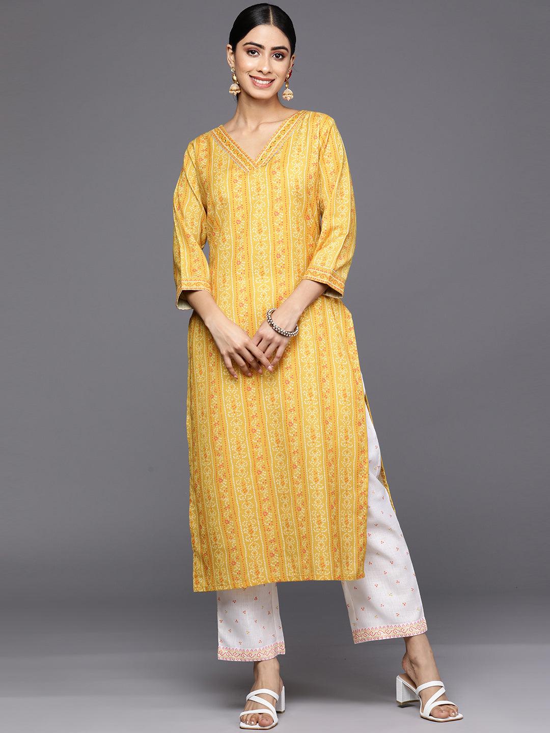 Yellow Printed Cotton Straight Kurta Set With Trousers - Jashvi