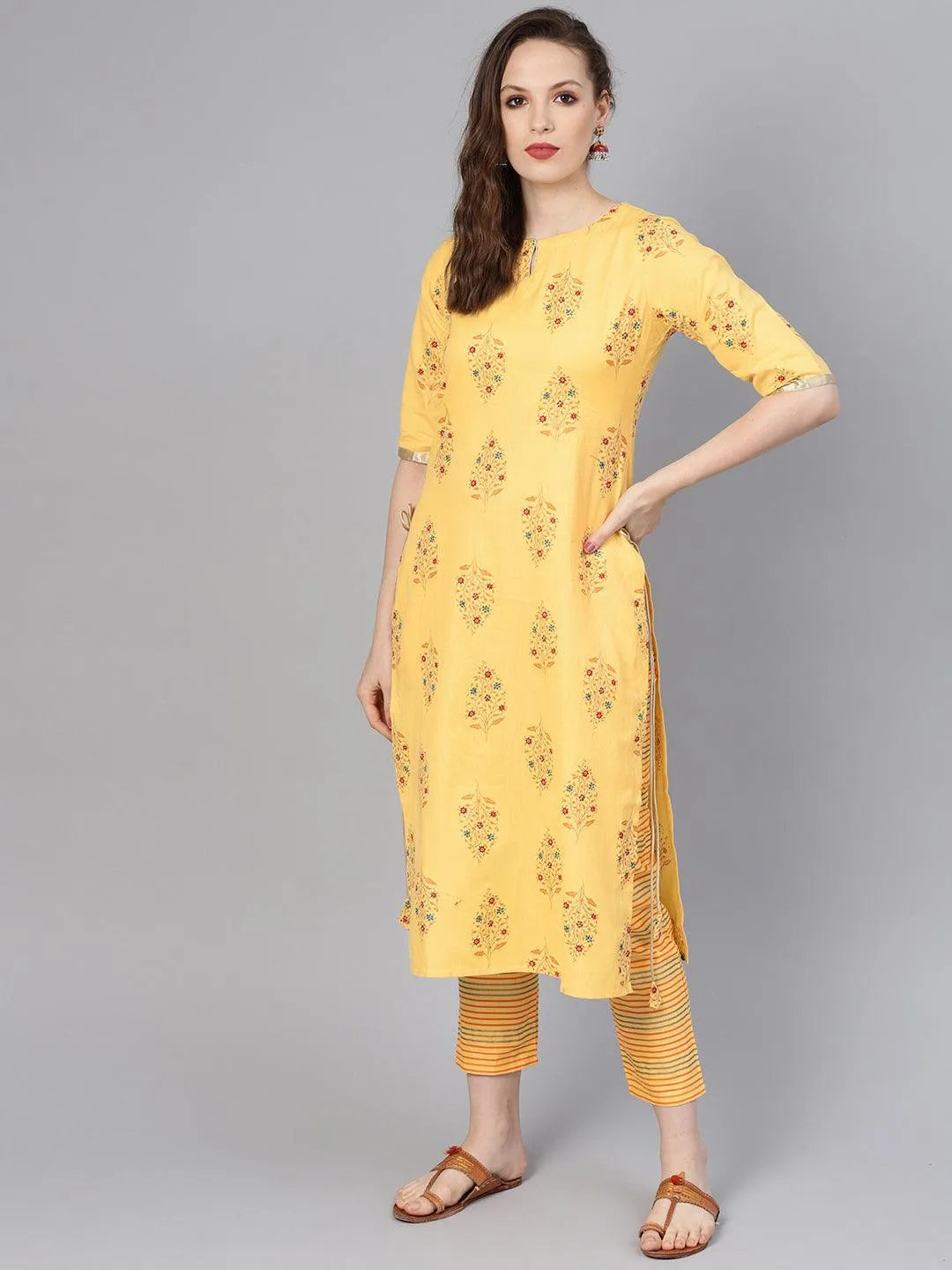 Yellow Printed Cotton Kurta Set - Jashvi