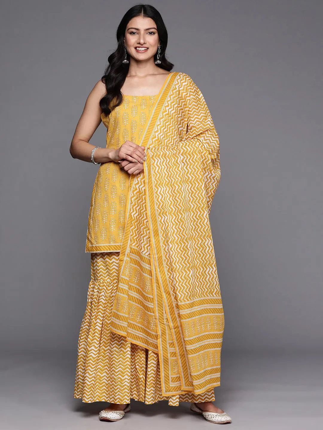 Yellow Printed Cotton Straight Suit Set With Sharara - Jashvi