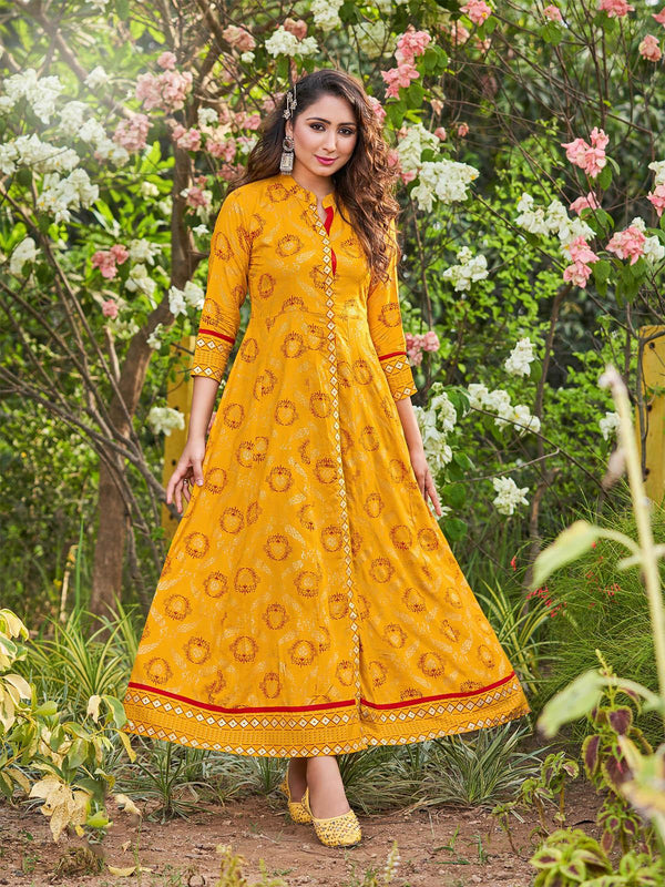 Women's Yellow Printed Floor Length Kurti - Odette