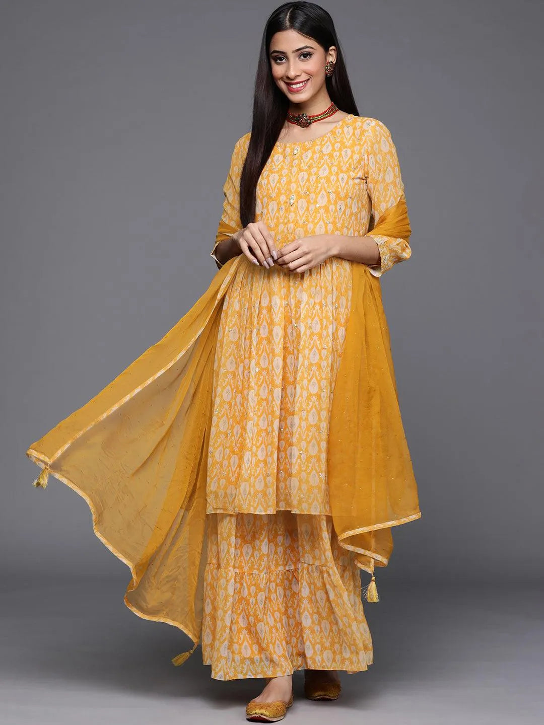 Yellow Printed Georgette Suit Set - Jashvi