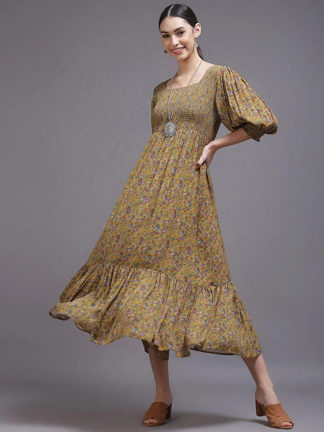 Yellow Printed Georgette Dress - Jashvi