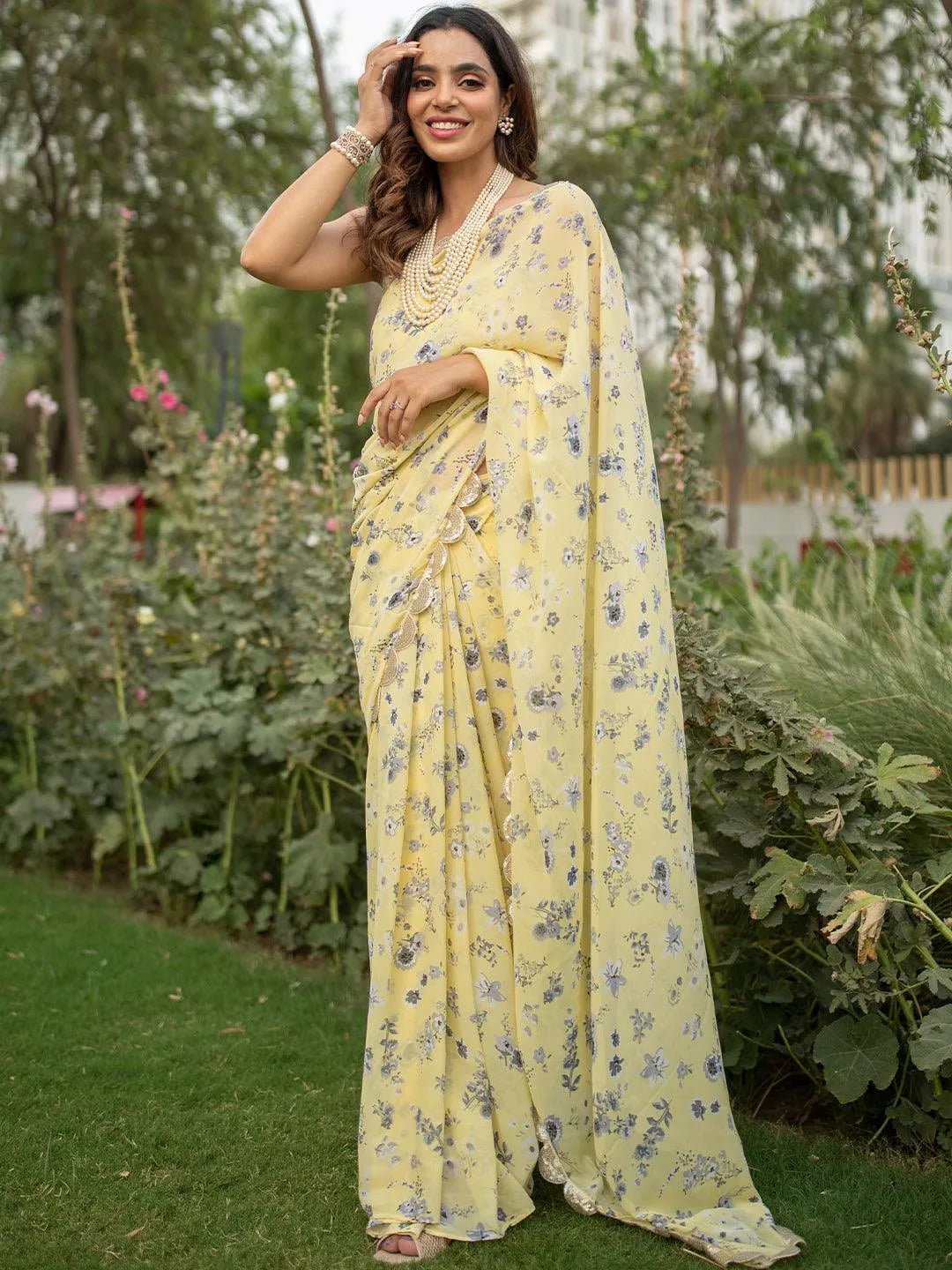 Yellow Printed Georgette Saree - Jashvi