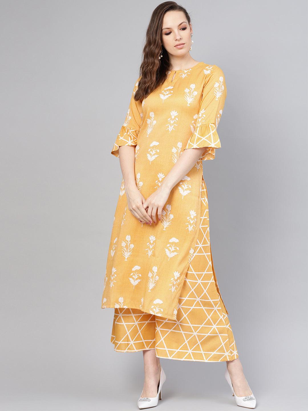 Yellow Printed Linen Kurta Set - Jashvi