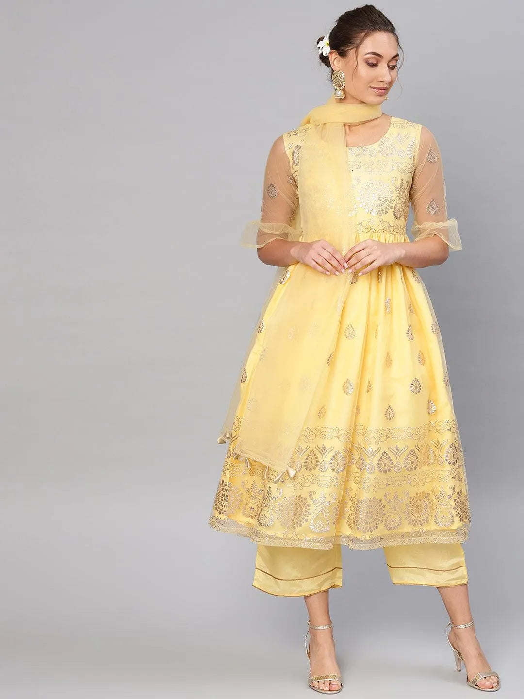 Yellow Printed Net Suit Set - Jashvi