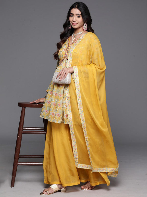 Yellow Printed Organza A-Line Kurta With Palazzos & Dupatta - Jashvi