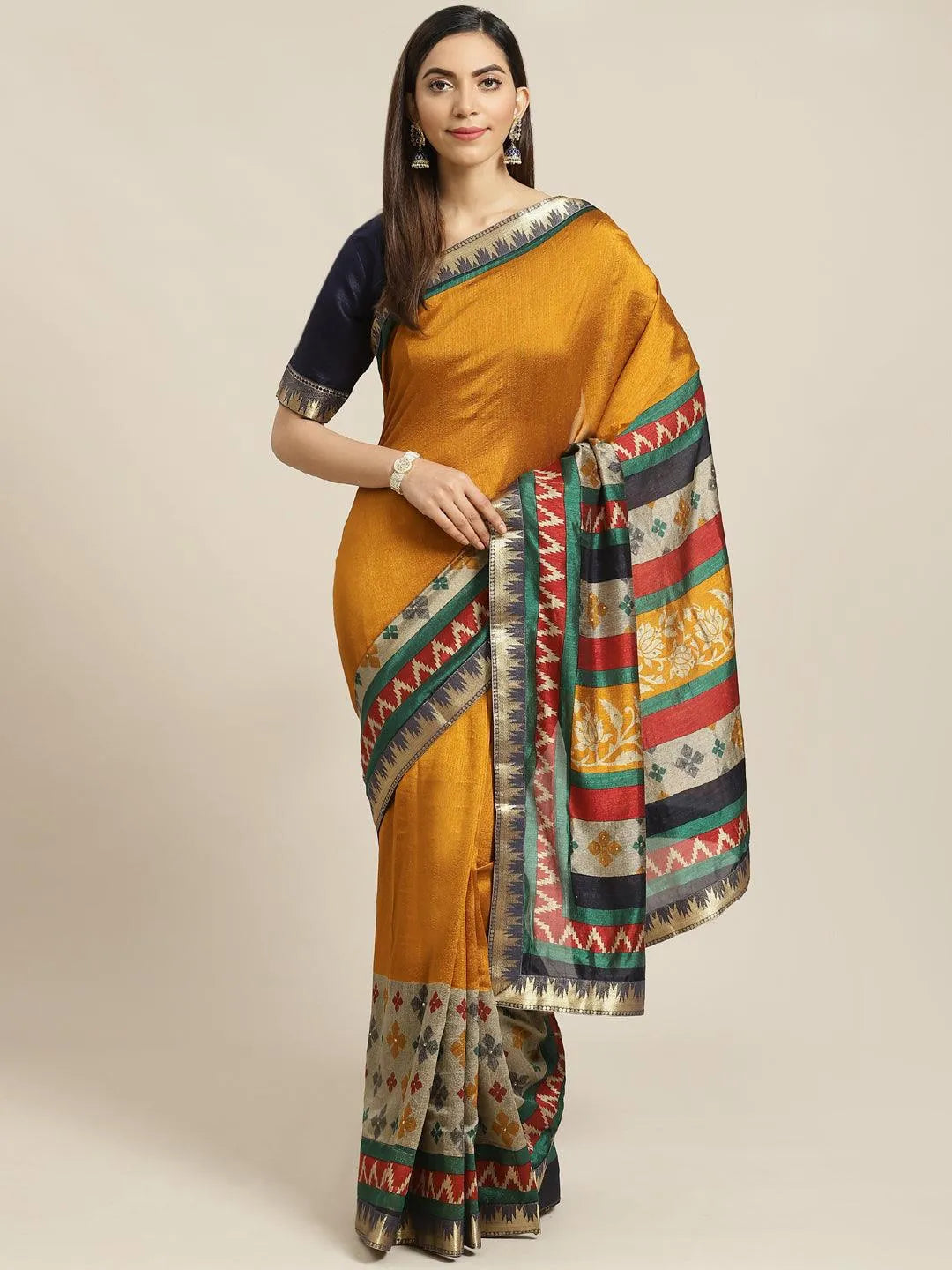 Yellow Printed Polyester Saree - Jashvi