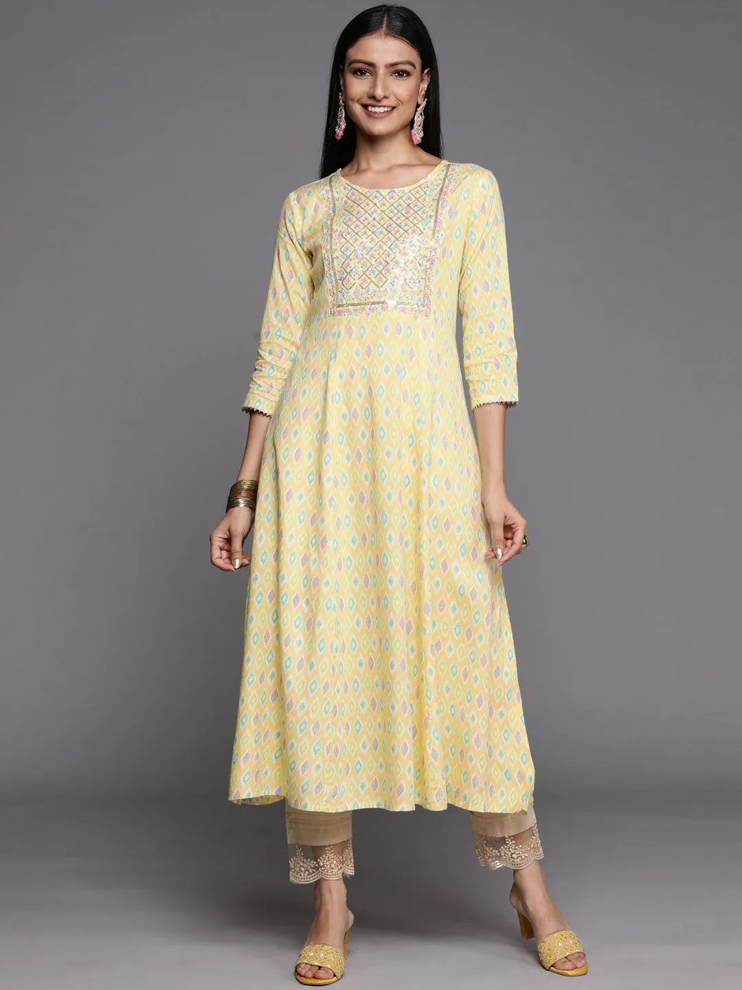 Yellow Printed Rayon A-Line Kurta - Jashvi