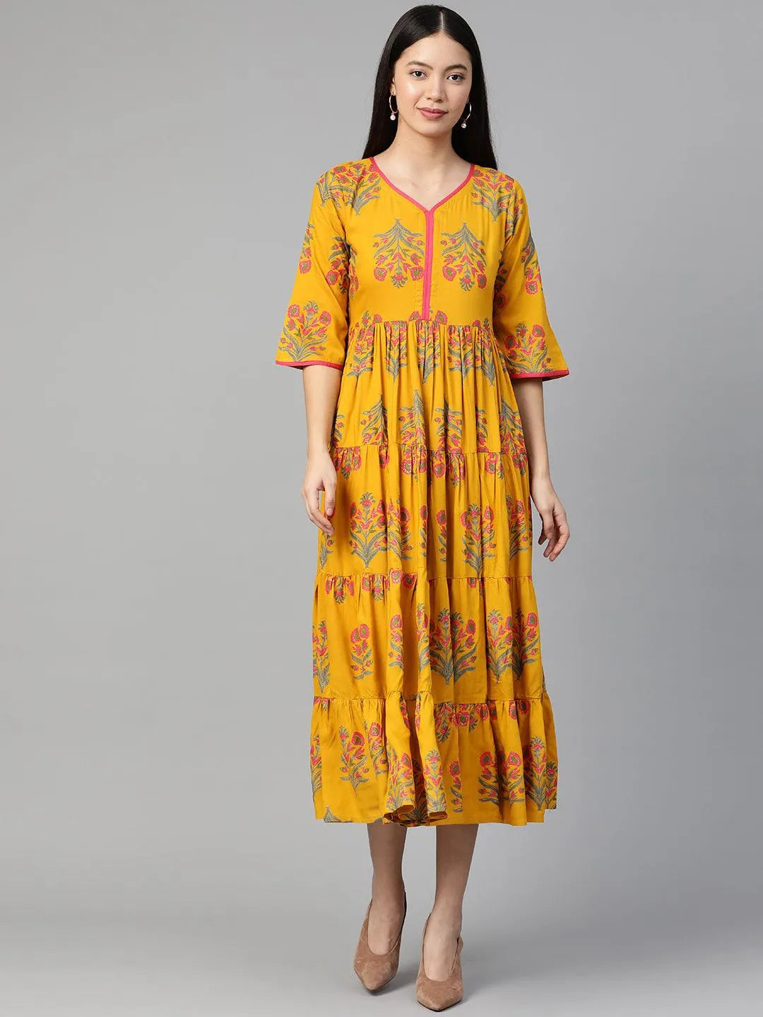 Yellow Printed Rayon Dress - Jashvi