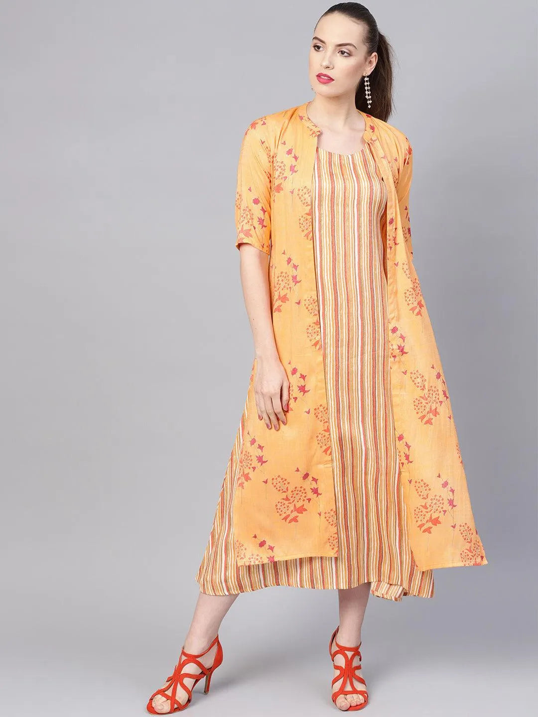 Yellow Printed Rayon Dress With Jacket - Jashvi