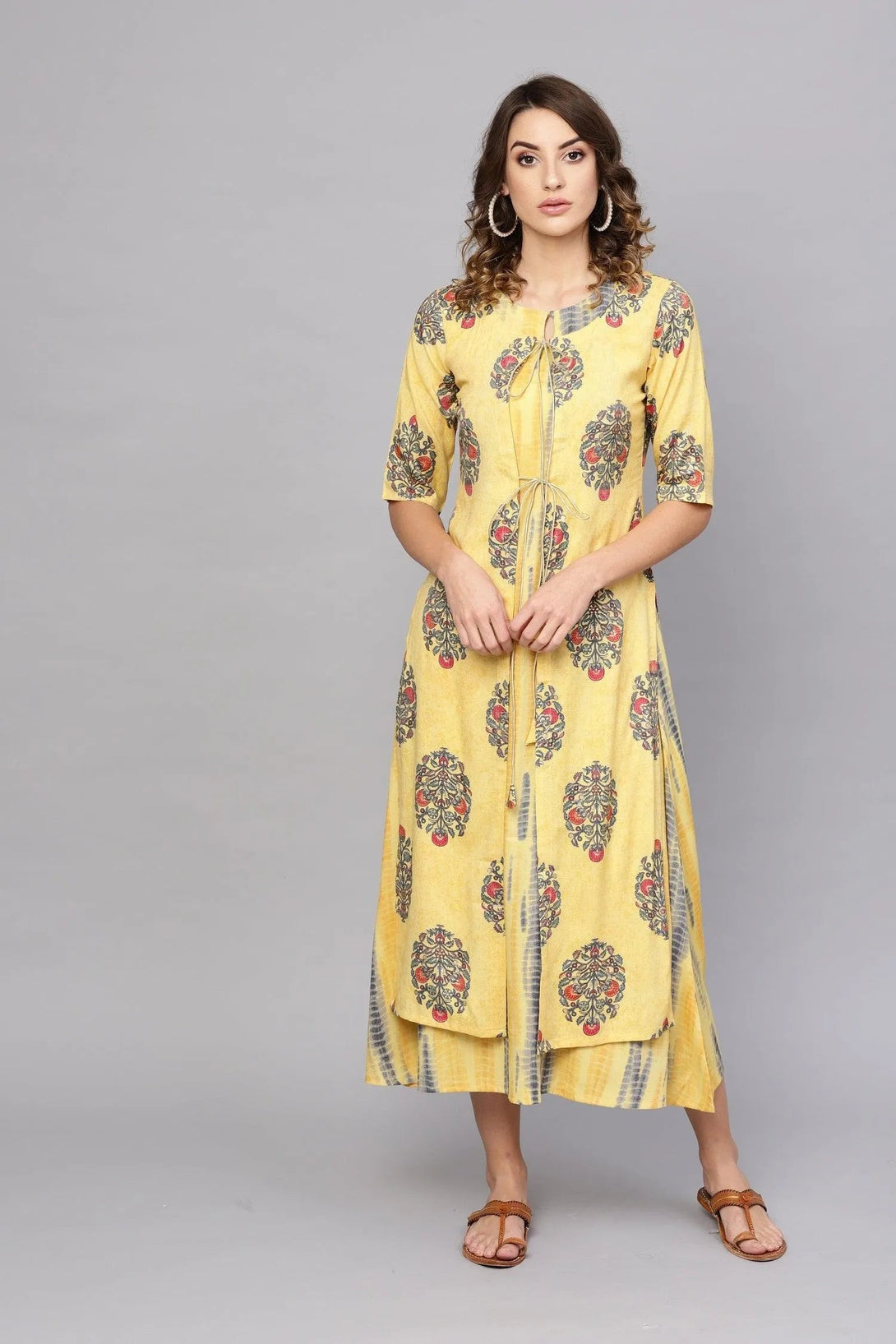 Yellow Printed Rayon Dress With Jacket - Jashvi