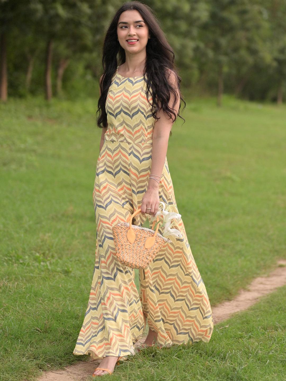 Yellow Printed Rayon Jumpsuit - Jashvi