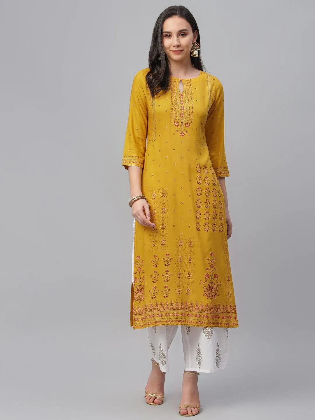 Yellow Printed Rayon Kurta - Jashvi