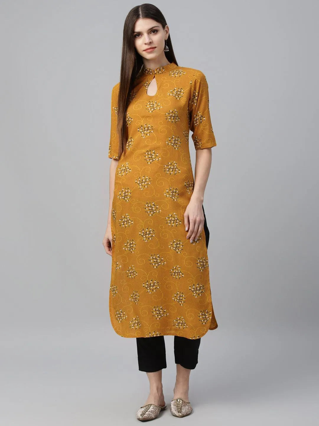 Yellow Printed Rayon Kurta - Jashvi