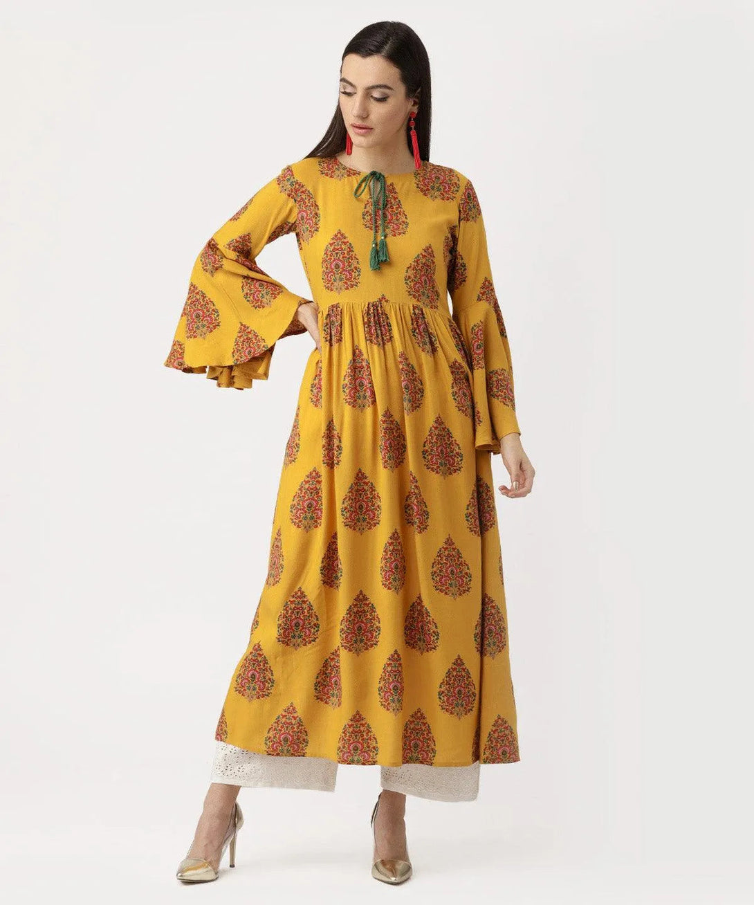 Yellow Printed Rayon Kurta - Jashvi