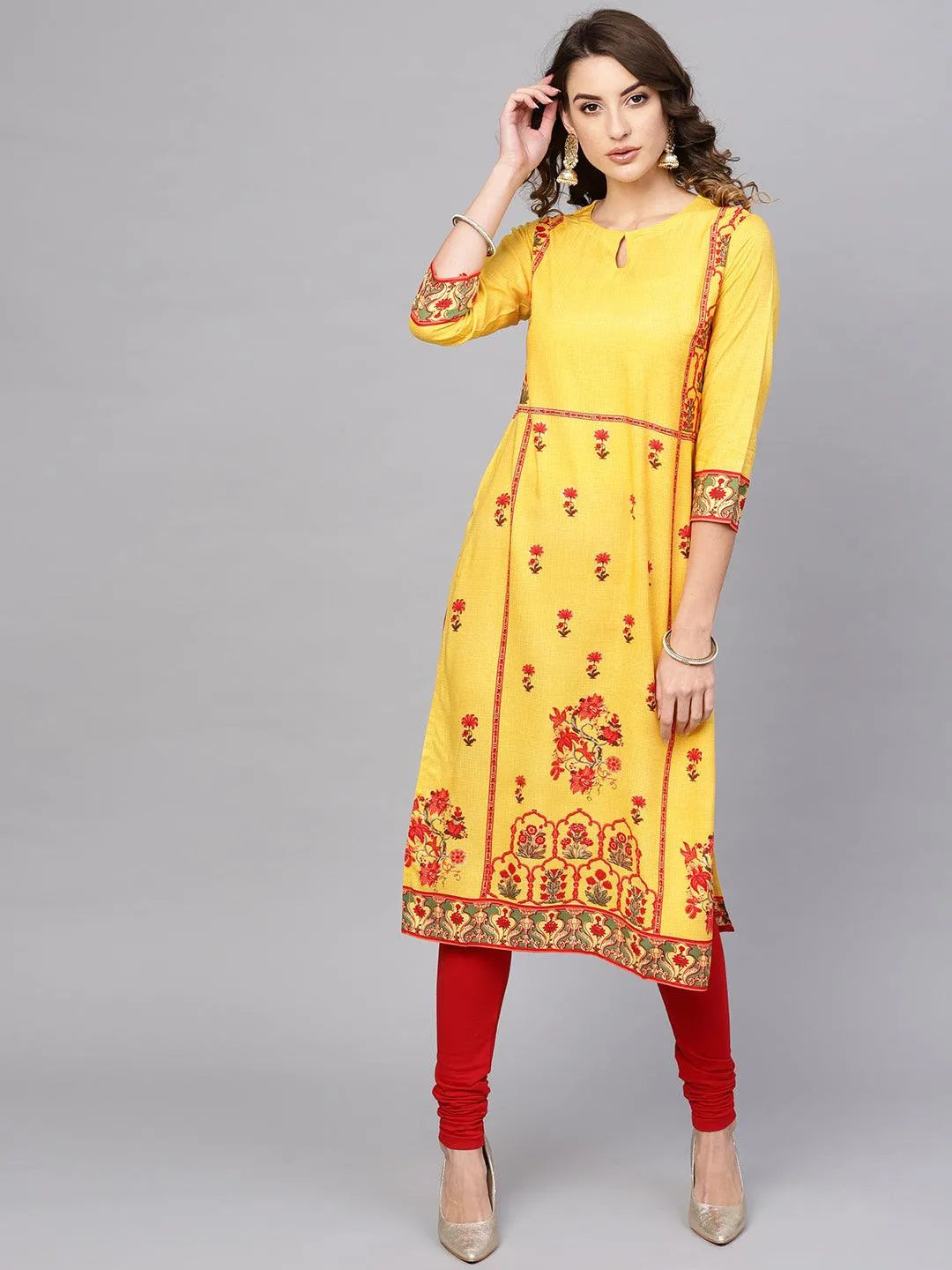 Yellow Printed Rayon Kurta - Jashvi