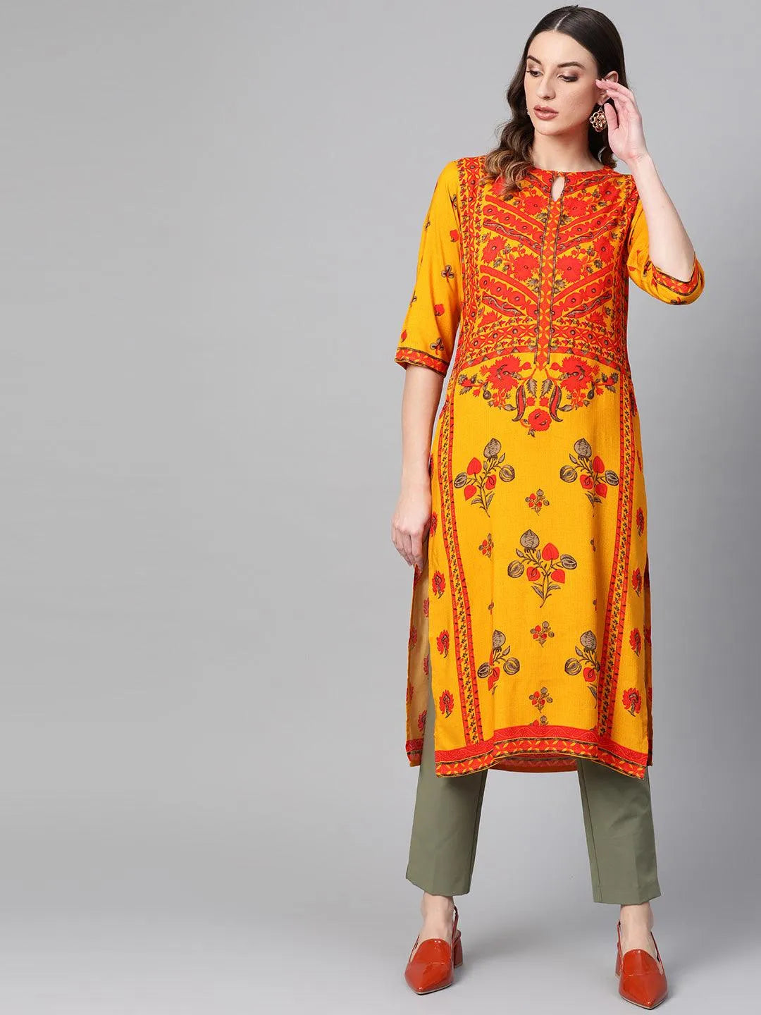 Yellow Printed Rayon Kurta - Jashvi