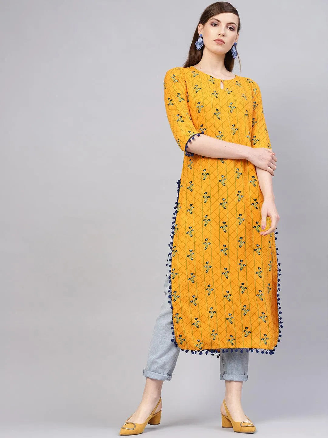 Yellow Printed Rayon Kurta - Jashvi