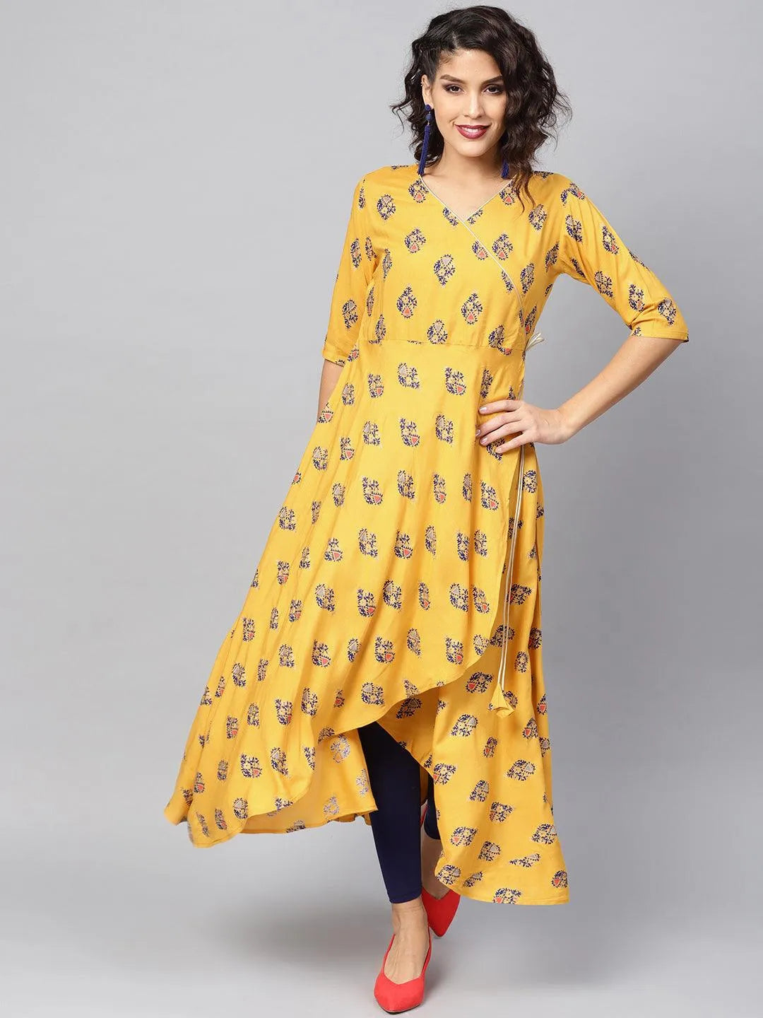 Yellow Printed Rayon Kurta - Jashvi