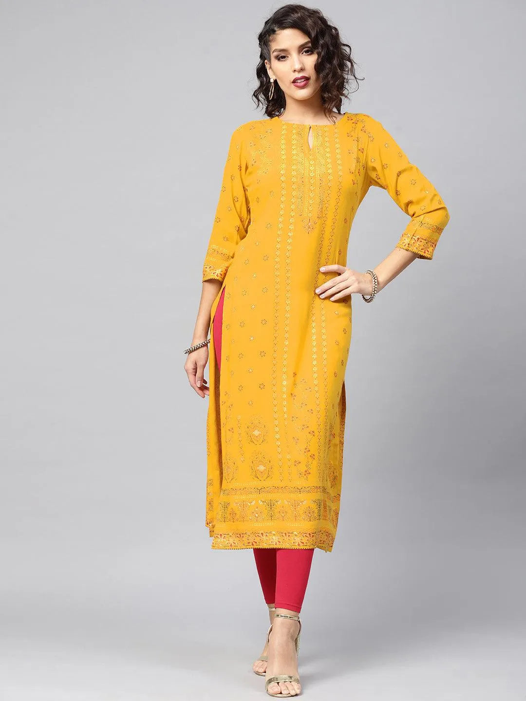 Yellow Printed Rayon Kurta - Jashvi