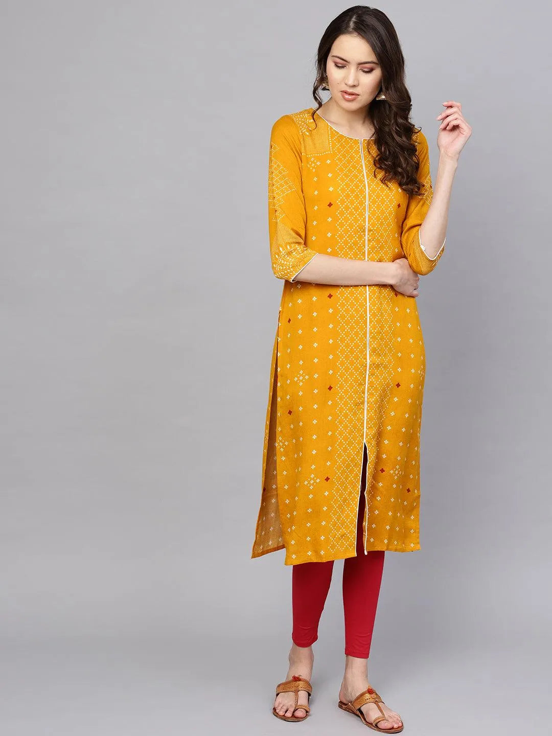 Yellow Printed Rayon Kurta - Jashvi