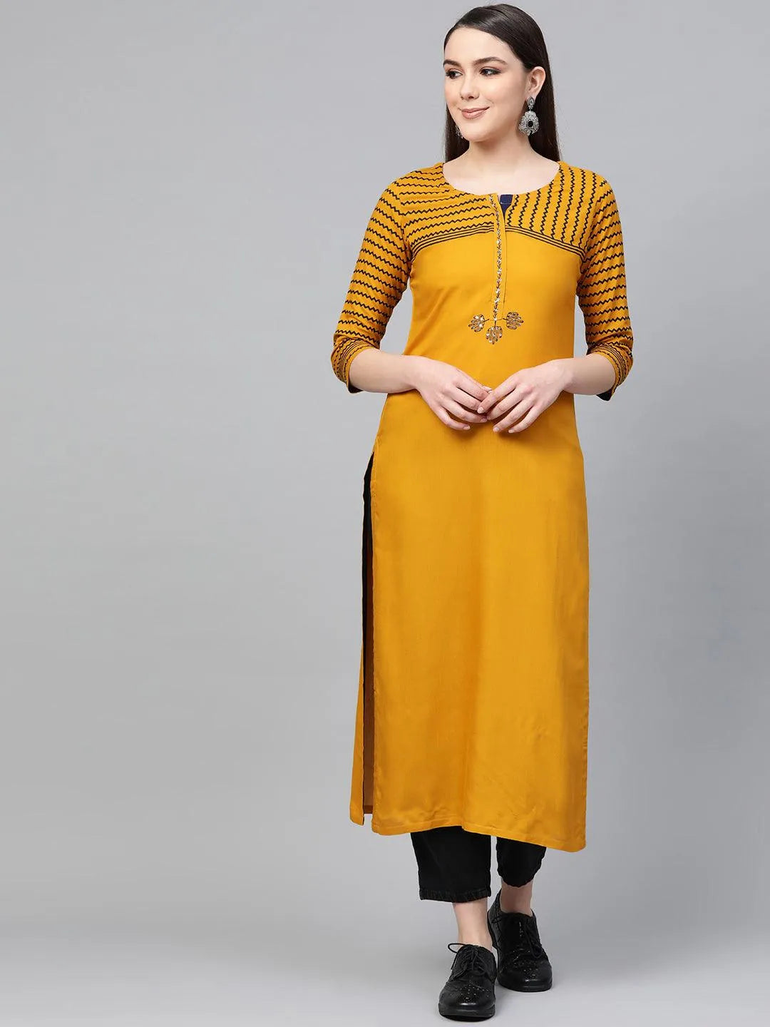 Yellow Printed Rayon Kurta - Jashvi