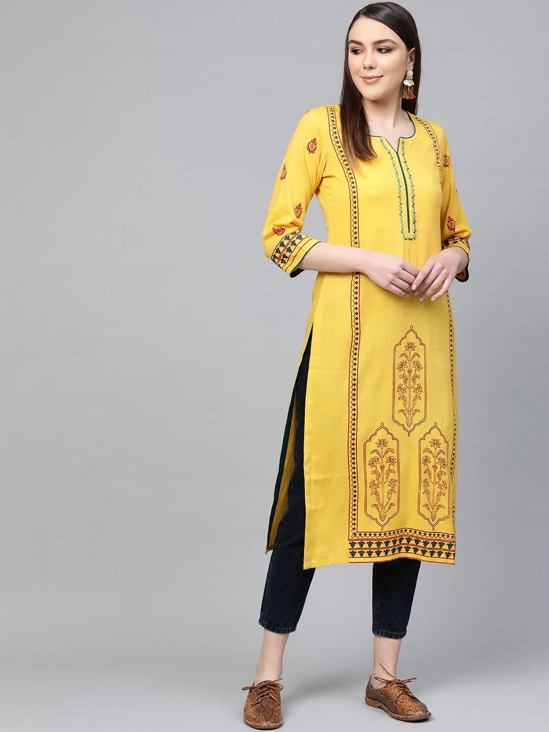 Yellow Printed Rayon Kurta - Jashvi