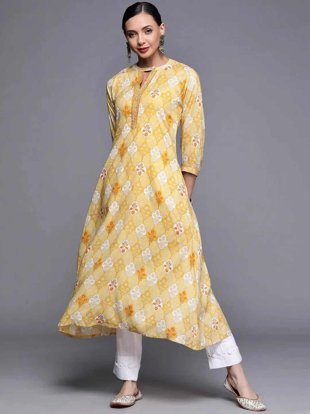 Yellow Printed Rayon Kurta - Jashvi