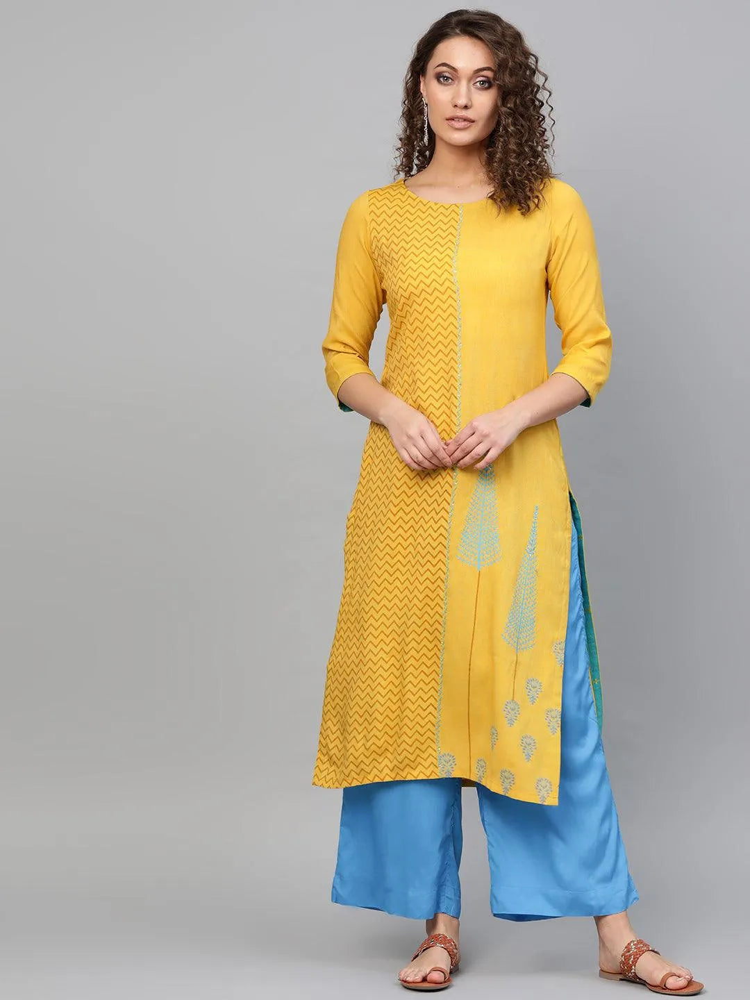 Yellow Printed Rayon Kurta - Jashvi